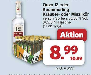 Ouzo 12 oder Kuemmerling Kräuter- oder Minzlikör