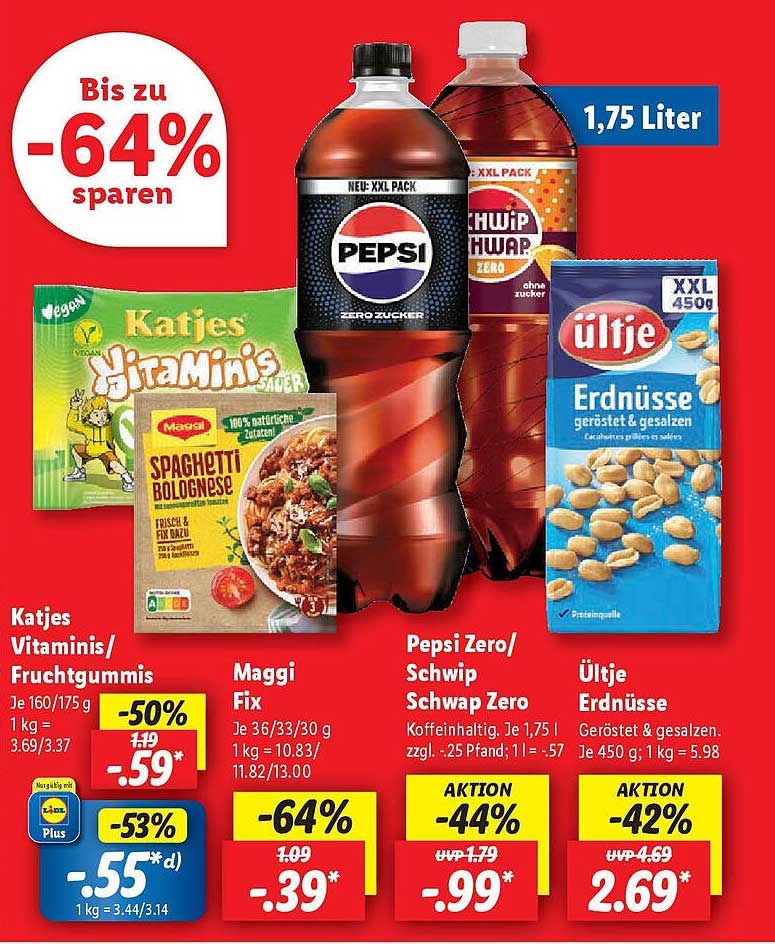 Pepsi Zero Zucker  
Schwip Schwap Zero  
Katjes Vitamins/Fruchtgummis  
Maggi Fix Spaghetti Bolognese  
Ültje Erdnüsse  