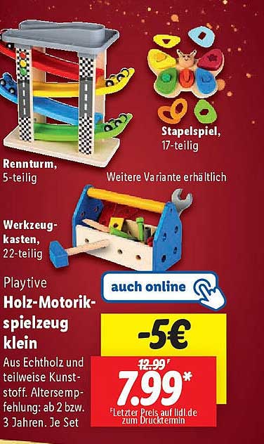 Rennturm, 5-teilig  
Stapelspiel, 17-teilig  
Werkzeugkasten, 22-teilig  
Playtime Holz-Motorikspielzeug klein