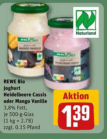 REWE Bio Joghurt Heidelbeere Cassis oder Mango Vanille