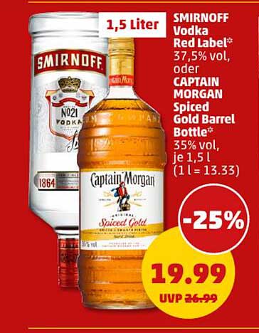 SMIRNOFF Vodka Red Label* oder CAPTAIN MORGAN Spiced Gold Barrel Bottle*