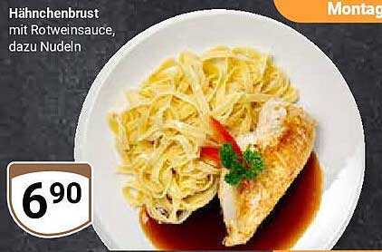 Hähnchenbrust mit Rotweinsauce, dazu Nudeln