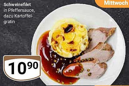 Schweinefilet in Pfeffersauce, dazu Kartoffelgratin