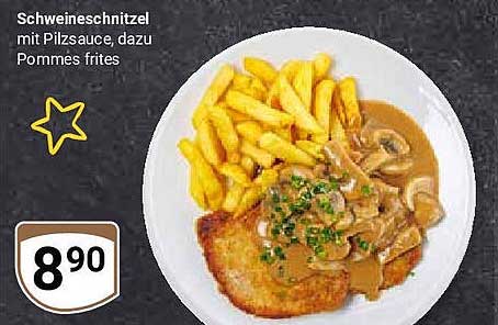 Schweineschnitzel mit Pilzsauce, dazu Pommes frites