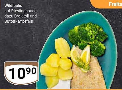 Wildlachs auf Rieslingsauce, dazu Brokkoli und Butterkartoffeln