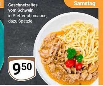 Geschnetztes vom Schwein in Pfefferrahmsauce, dazu Spätzle