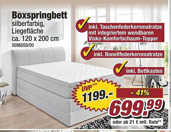 Boxspringbett silberfarbig, Liegefläche ca. 120 x 200 cm