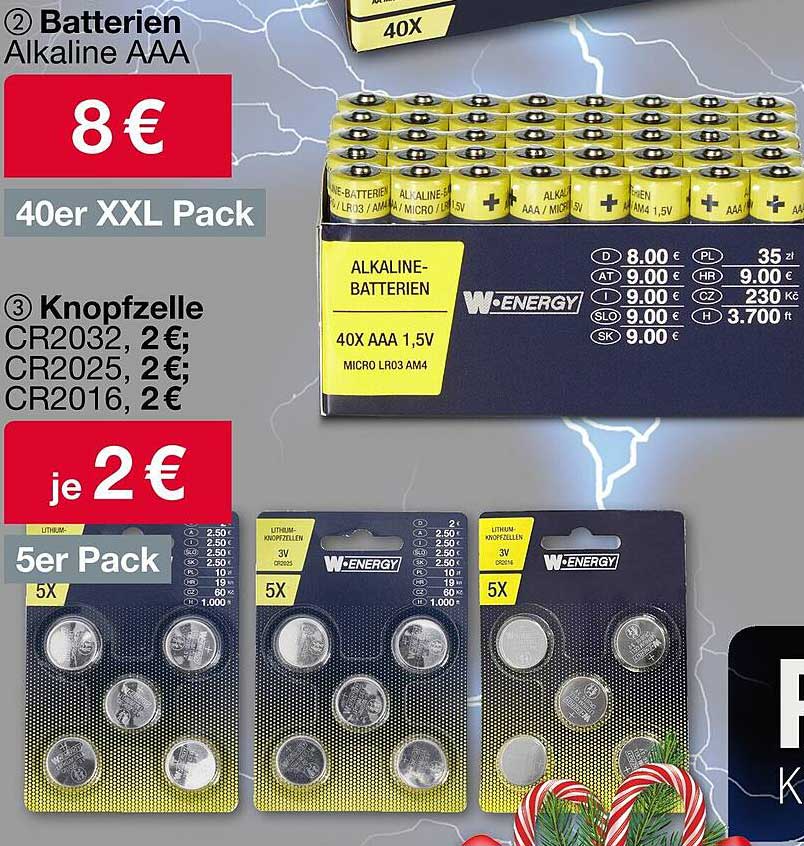 Batterien Alkaline AAA  
Knopfzelle CR2032  
Knopfzelle CR2025  
Knopfzelle CR2016  
5er Pack