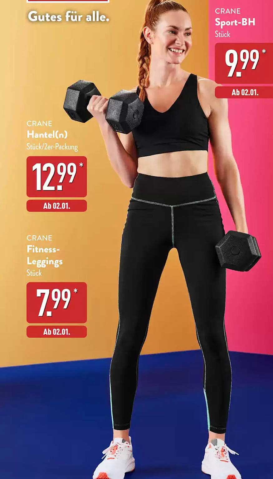 CRANE Sport-BH  
CRANE Hantel(n)  
CRANE Fitness-Leggings  