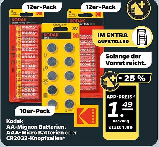 Kodak AA-Mignon Batterien, AAA-Micro Batterien oder CR2032-Knopfzellen*