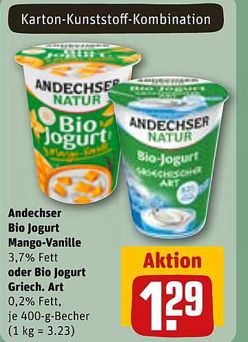 Andechser Bio Joghurt Mango-Vanille oder Bio Joghurt Griech. Art