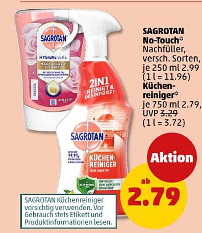 SAGROTAN No-Touch* Nachfüller, 2in1 Reinigt & Desinfiziert, Küchenreiniger