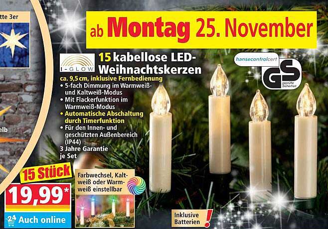 15 kabellose LED-Weihnachtskerzen