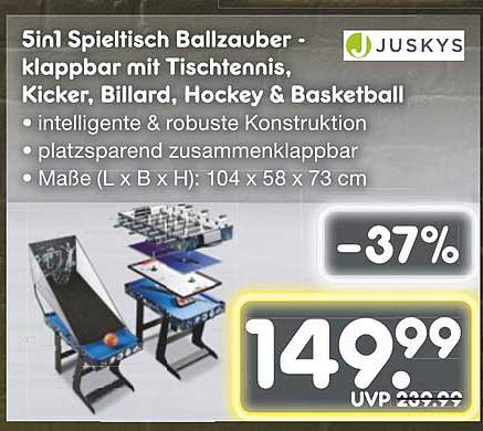 5in1 Spieltisch Ballzauber - klappbar mit Tischtennis, Kicker, Billard, Hockey & Basketball