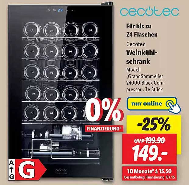 Cecotec Weinkühlschrank Modell „GrandSommelier 24000 Black Compressor“