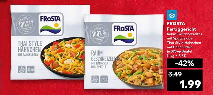 FROSTA Fertiggericht Rahm-Geschnetzeltes mit Spätzle oder Thai-Style-Hähnchen mit Bandnudeln