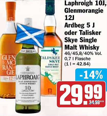 Laphroaigh 10J, Glenmorangie 12J Ardbeg 5 J oder Talisker Skye Single Malt Whisky