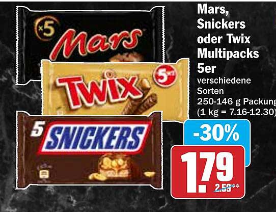 Mars, Snickers oder Twix Multipacks 5er