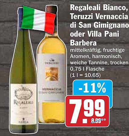 Regaleali Bianco, Teruzzi Vernaccia di San Gimignano oder Villa Pani Barbera