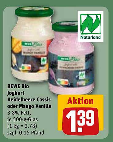 REWE Bio Joghurt Heidelbeere Cassis oder Mango Vanille