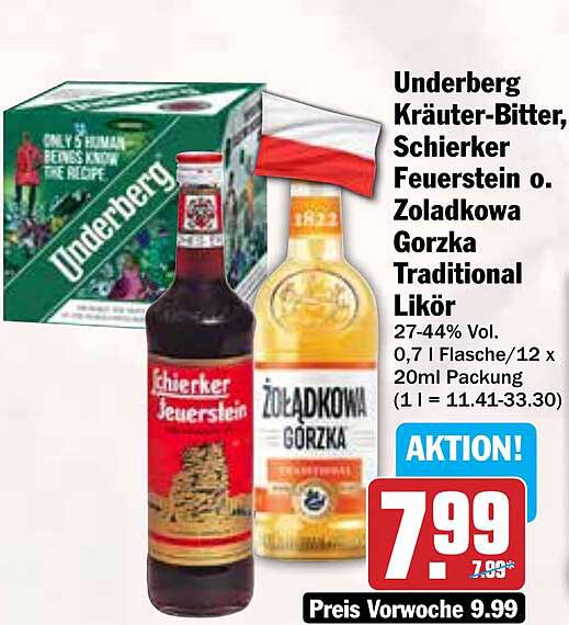 Underberg Kräuter-Bitter, Schierker Feuerstein o. Zoladkowa Gorzka Traditional Likör