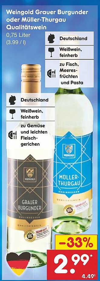 Weingold Grauer Burgunder oder Müller-Thurgau Qualitätswein