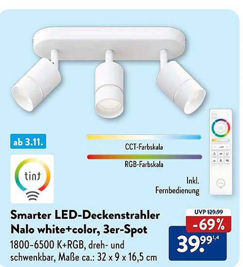 Smarter LED-Deckenstrahler Nalo white+color, 3er-Spot