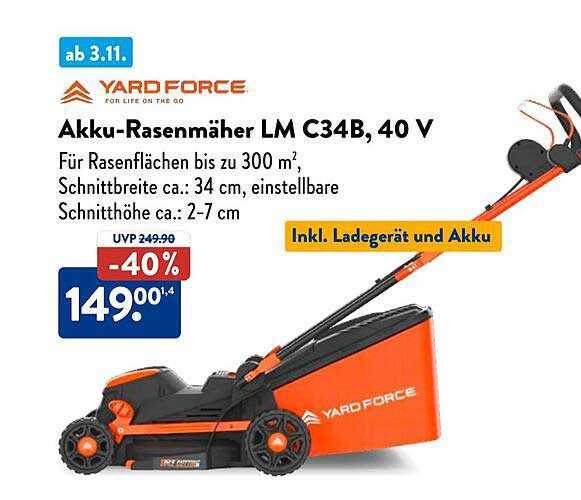 Yard Force Akku-Rasenmäher LM C34B, 40 V