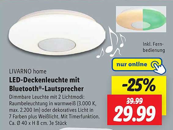 LIVARNO home LED-Deckenleuchte mit Bluetooth®-Lautsprecher