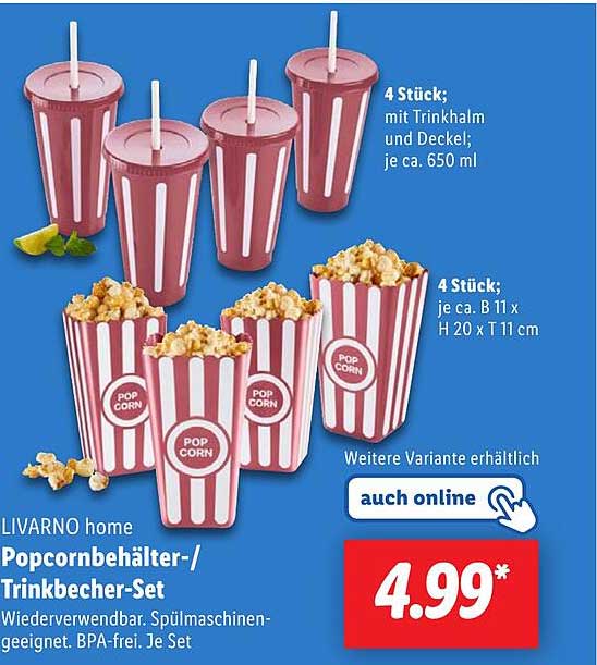 LIVARNO home Popcornbehälter-/Trinkbecher-Set