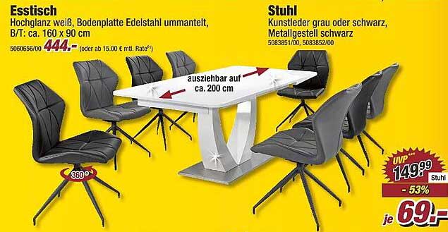 Esstisch Hochglanz weiß, Bodenplatte Edelstahl ummantelt  
Stuhl Kunstleder grau oder schwarz, Metallgestell schwarz