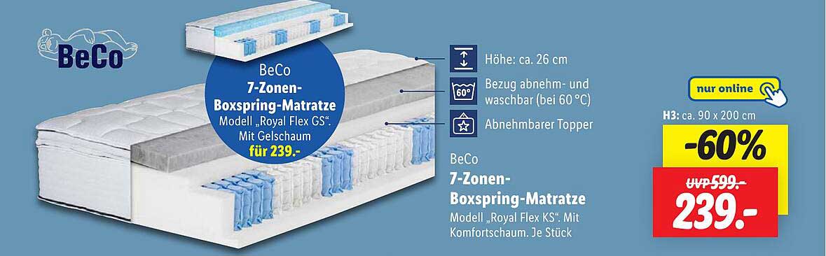 BeCo 7-Zonen-Boxspring-Matratze Modell „Royal Flex GS“ Mit Gelschaum