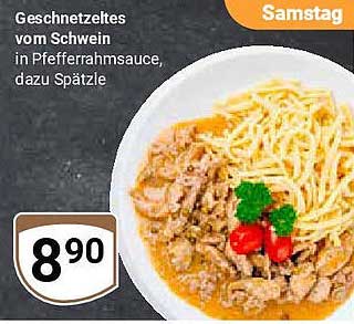 Geschnetztes vom Schwein in Pfeffersahnesauce, dazu Spätzle