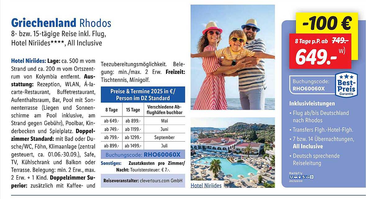 Griechenland Rhodos 8- bzw. 15-tägige Reise inkl. Flug, Hotel Nirii des****, All Inclusive