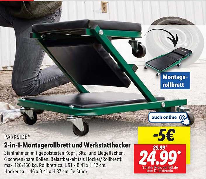 PARKSIDE® 2-in-1-Montagerollbrett und Werkstatthocker