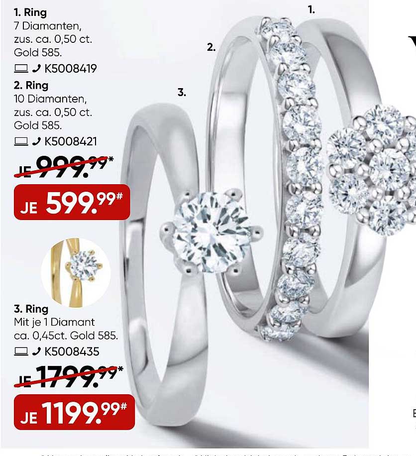 1. Ring 7 Diamanten, zus. ca. 0,50 ct. Gold 585  
2. Ring 10 Diamanten, zus. ca. 0,50 ct. Gold 585  
3. Ring Mit je 1 Diamant ca. 0,45 ct. Gold 585