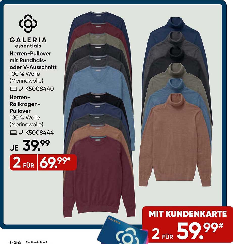 Herren-Pullover mit Rundhals- oder V-Ausschnitt  
Herren-Rollkragen-Pullover