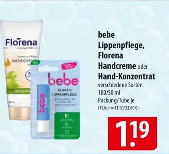 bebe Lippenpflege, Florena Handcreme oder Hand-Konzentrat