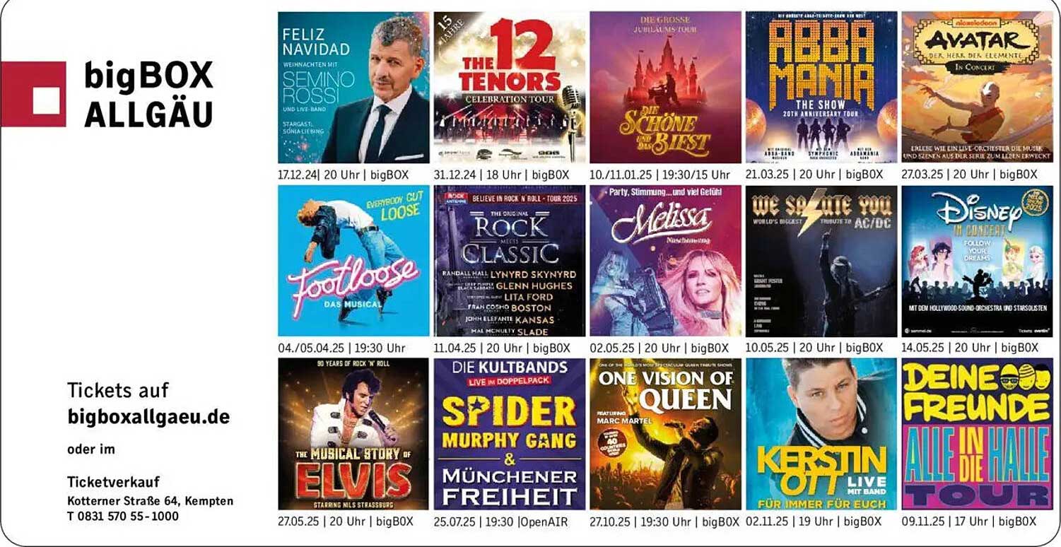 FELIZ NAVIDAD  
Footloose  
Die 12 Tenors Celebration Tour  
Die schöne und das Biest  
Rock meets Classic  
Melissa  
We salute you  
Disney in Concert  
One Vision of Queen  
Kerstin Ott für immer für euch  
Deine Freunde Alle in die Halle Tour  