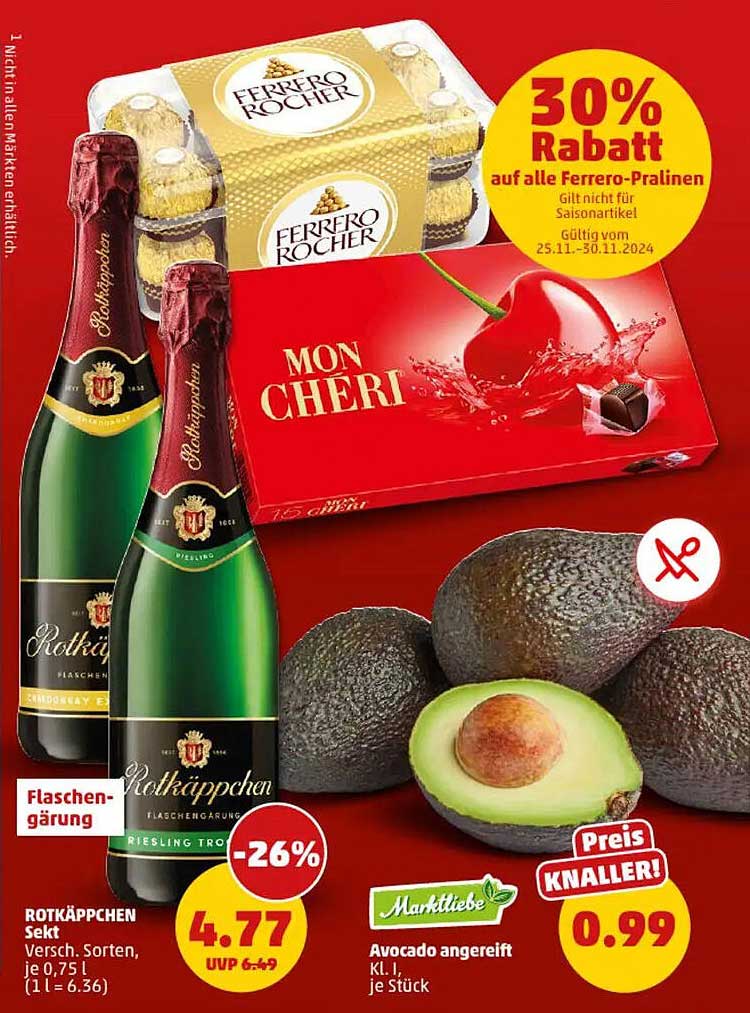 Ferrero Rocher  
MON CHÉRI  
ROTKÄPPCHEN Sekt  
Avocado angerieft  