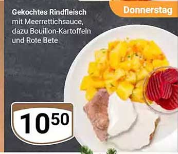 Gekochtes Rindfleisch mit Meerrettichsauce, dazu Bouillon-Kartoffeln und Rote Bete