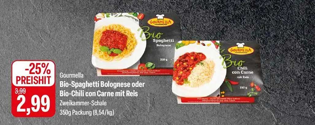 Gourmetella Bio-Spaghetti Bolognese oder Bio-Chili con Carne mit Reis