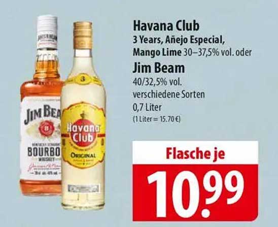 Havana Club 3 Years, Añejo Especial, Mango Lime oder Jim Beam