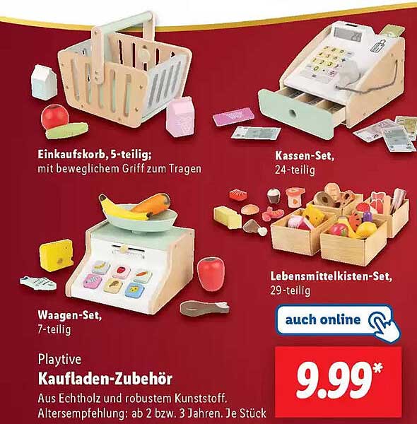 Einkaufskorb, 5-teilig  
Kassen-Set, 24-teilig  
Waagen-Set, 7-teilig  
Lebensmittelkisten-Set, 29-teilig  
Playtive Kaufladen-Zubehör  