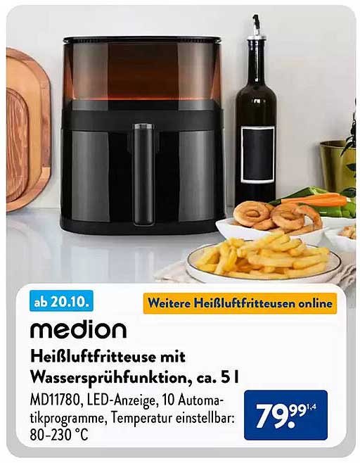 medion Heißluftfritteuse mit Wassersprülfunktion, ca. 5 l