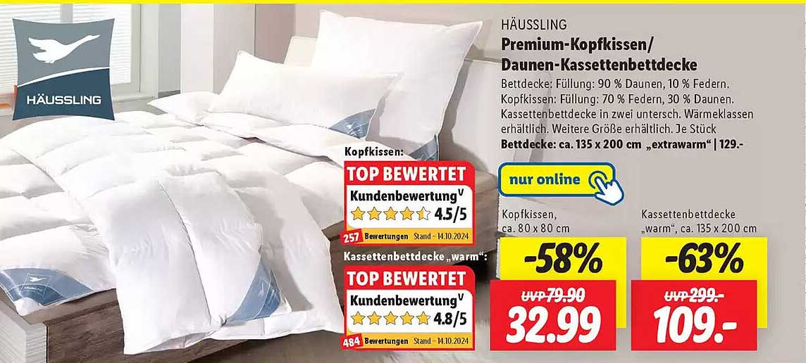 Premium-Kopfkissen/ Daunen-Kassettenbettdecke