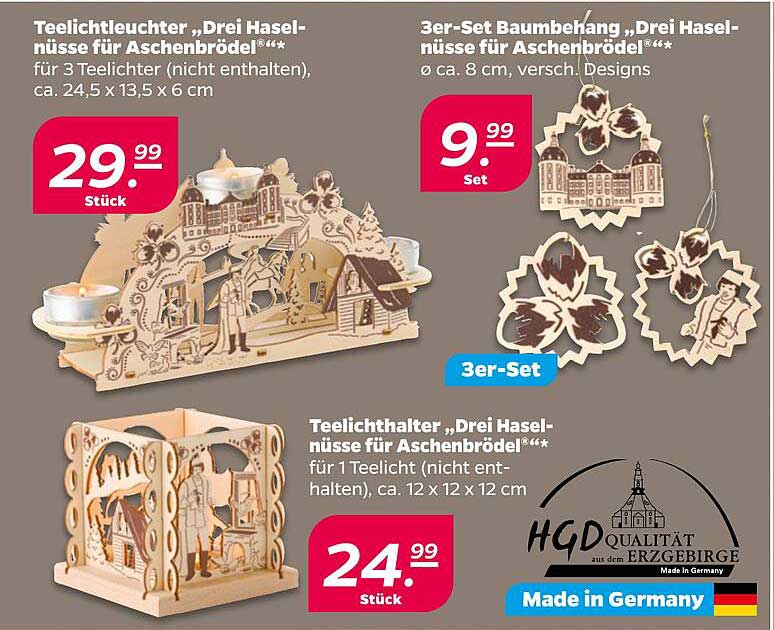 Teelichtleuchter „Drei Haselnüsse für Aschenbrödel“  
Teelichthalter „Drei Haselnüsse für Aschenbrödel“  
3er-Set Baumschmuck „Drei Haselnüsse für Aschenbrödel“  