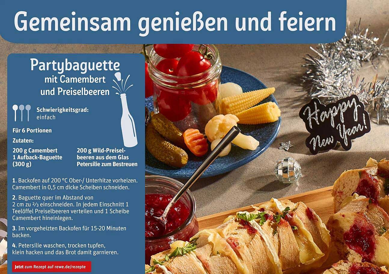 Partybaguette mit Camembert und Preiselbeeren