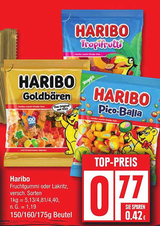 HARIBO Goldbären  
HARIBO Tropifrutti  
HARIBO Pico-Balla  