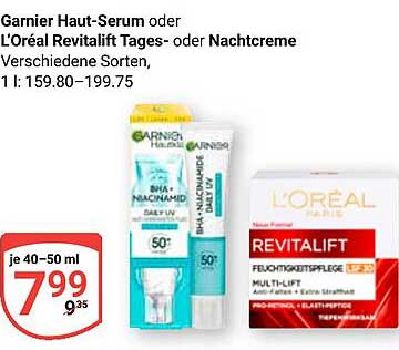 Garnier Haut-Serum oder L'Oréal Revitalift Tages- oder Nachtcreme